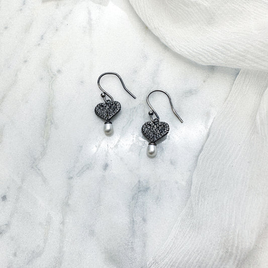 Cultured pearl heart earrings in oxidised silver