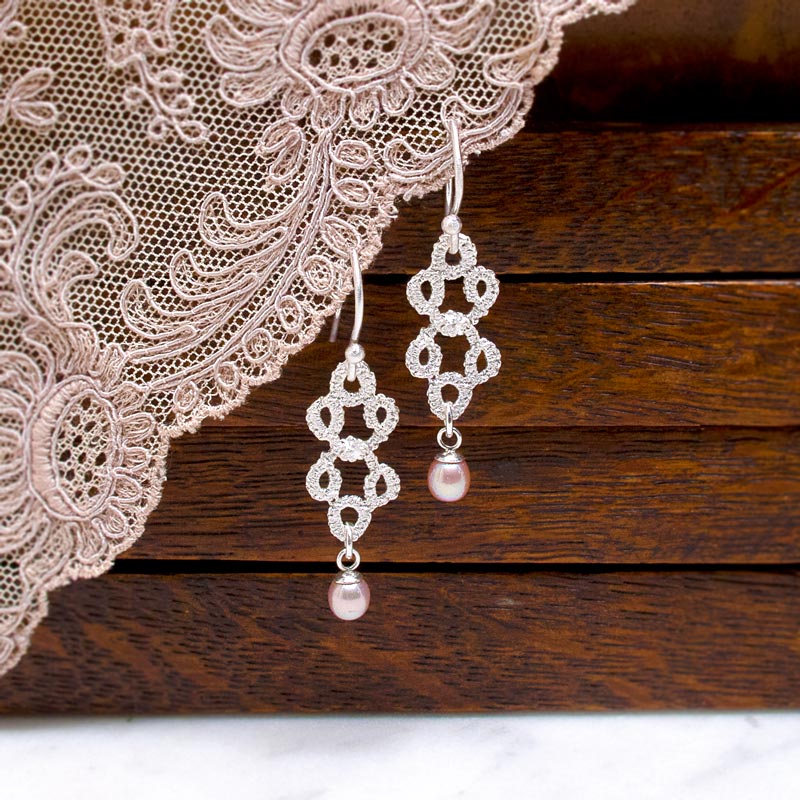 Bridal Jewellery - pearl silver lace filigree earrings