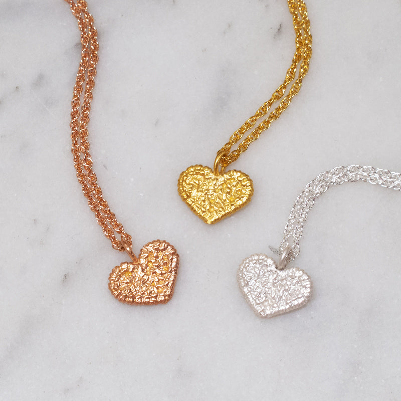 mini heart necklace gold, rose gold, silver lace